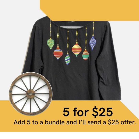 Ruby Rd. Black 3/4 sleeve tee with Festive Ornaments. - Picture 1 of 3